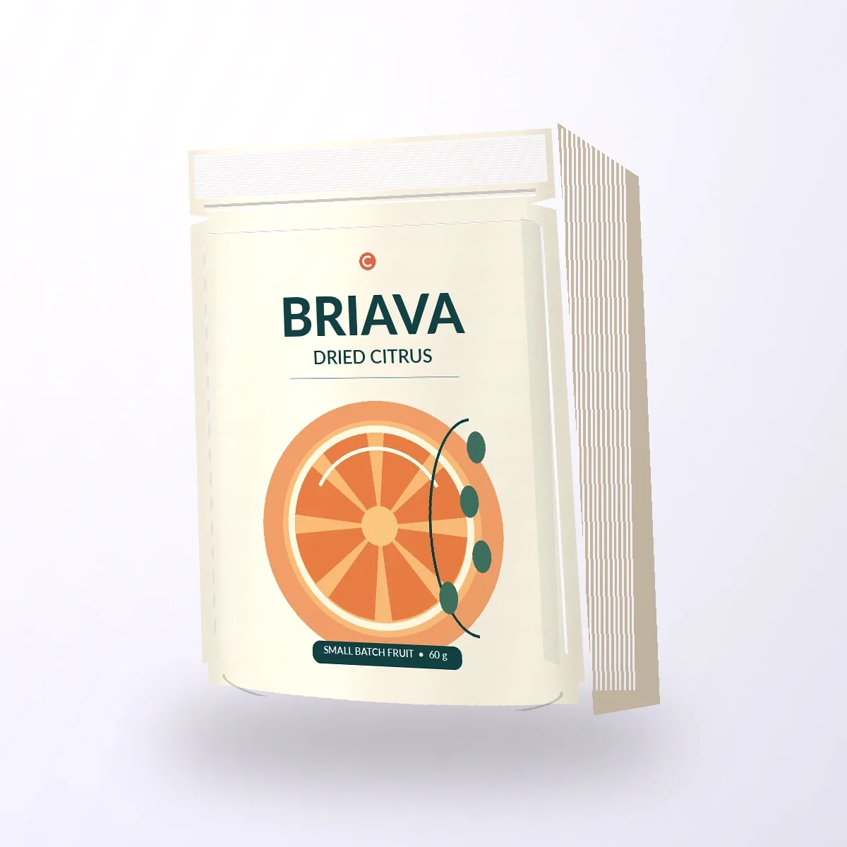 Cream dried citrus package with orange artwork, shown from an elevated three-quarter angle on pale lilac.