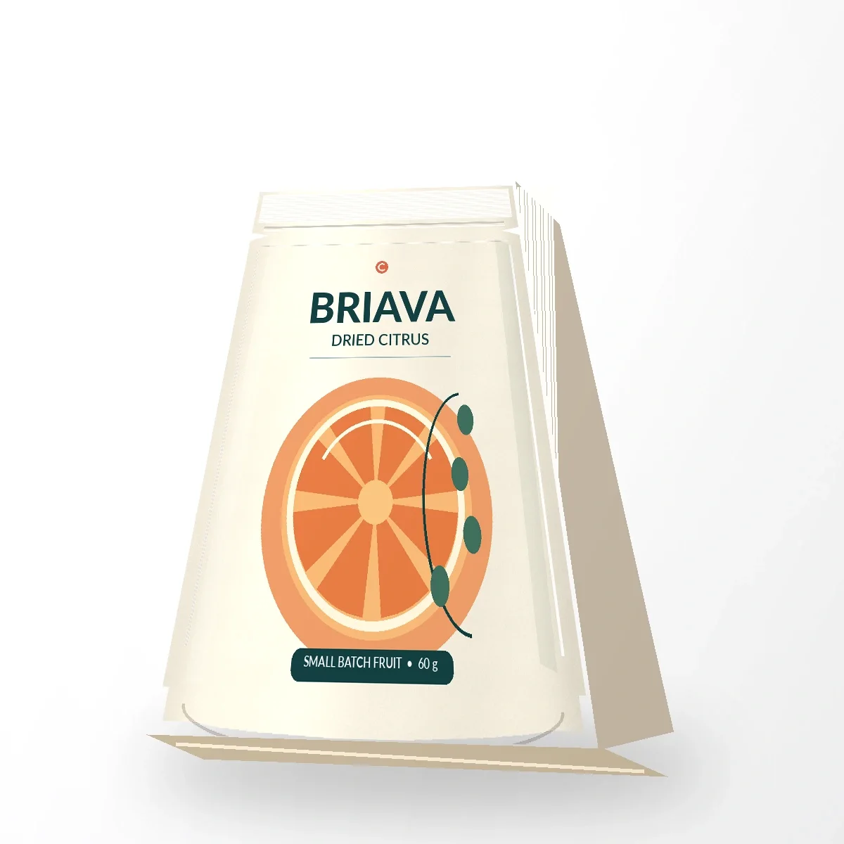 Low-angle view of BRIAVA dried citrus packaging with orange slice graphics and an ivory finish.
