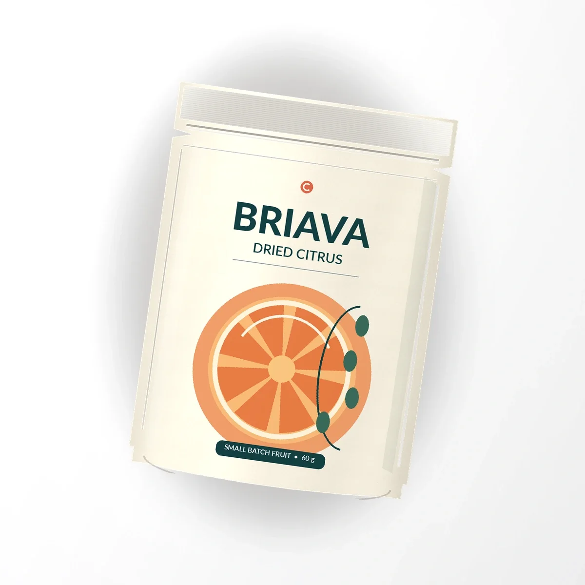 Angled overhead view of a cream dried citrus package with green typography and citrus illustration.