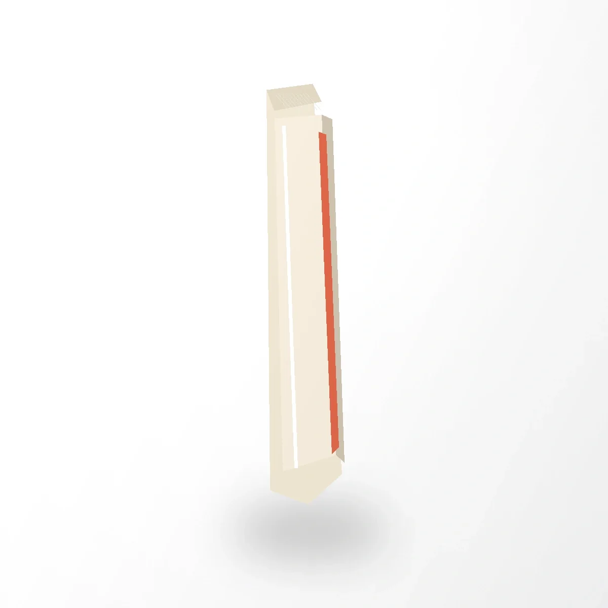 Side profile of an ivory flexible package showing its narrow edge and orange side detail on white.