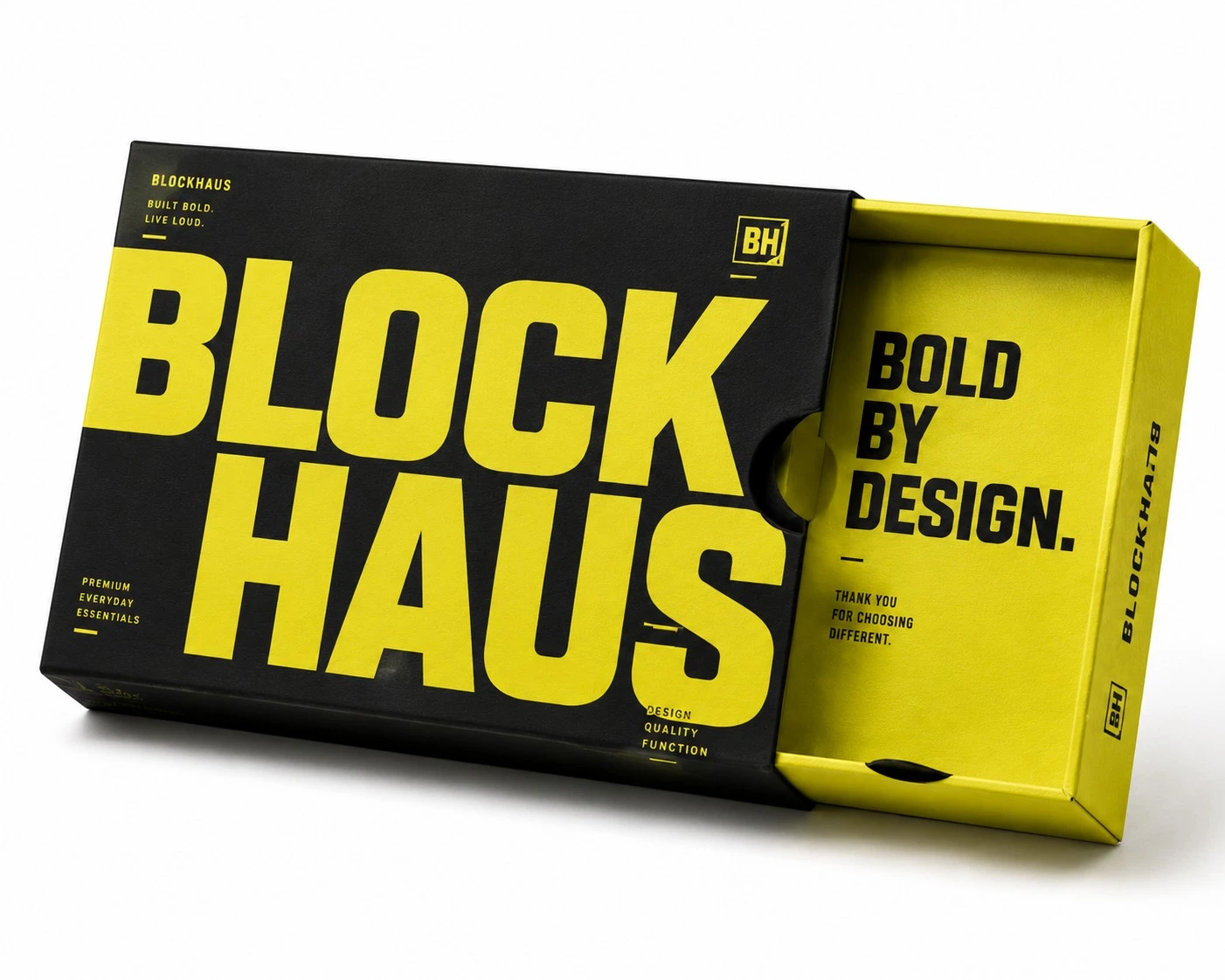 custom thumb cut boxes brutalist black yellow design