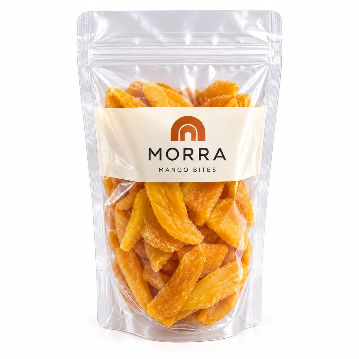 Straight-on front view of a clear MORRA Mango Bites zipper pouch with cream branding and orange dried mango.