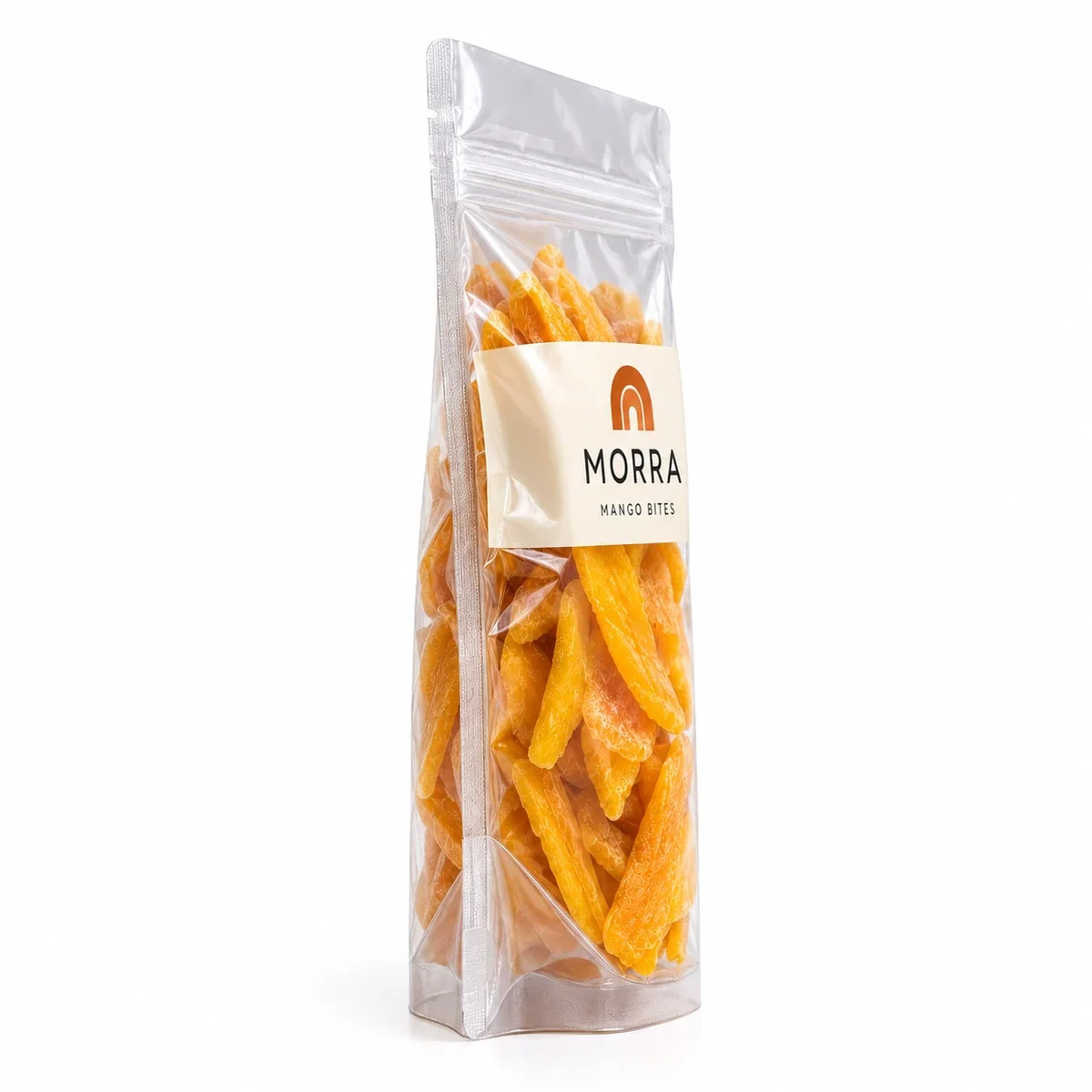 Side profile of a clear MORRA Mango Bites stand-up pouch showing the sealed edge, bottom gusset, and mango inside.