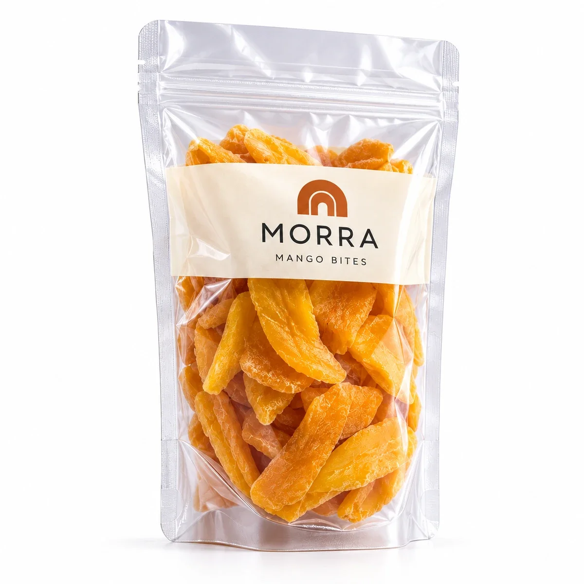 Upright transparent MORRA Mango Bites stand-up pouch with sealed edges, top zipper, and a cream printed label.