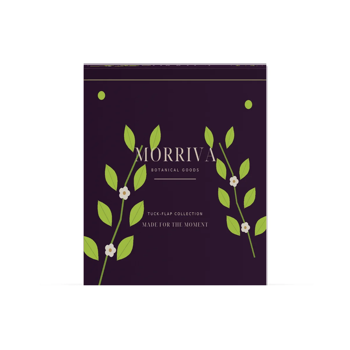 Straight-on front view of a deep-plum MORRIVA tuck flap box with lime leafy stems, small cream flowers and centered lettering.