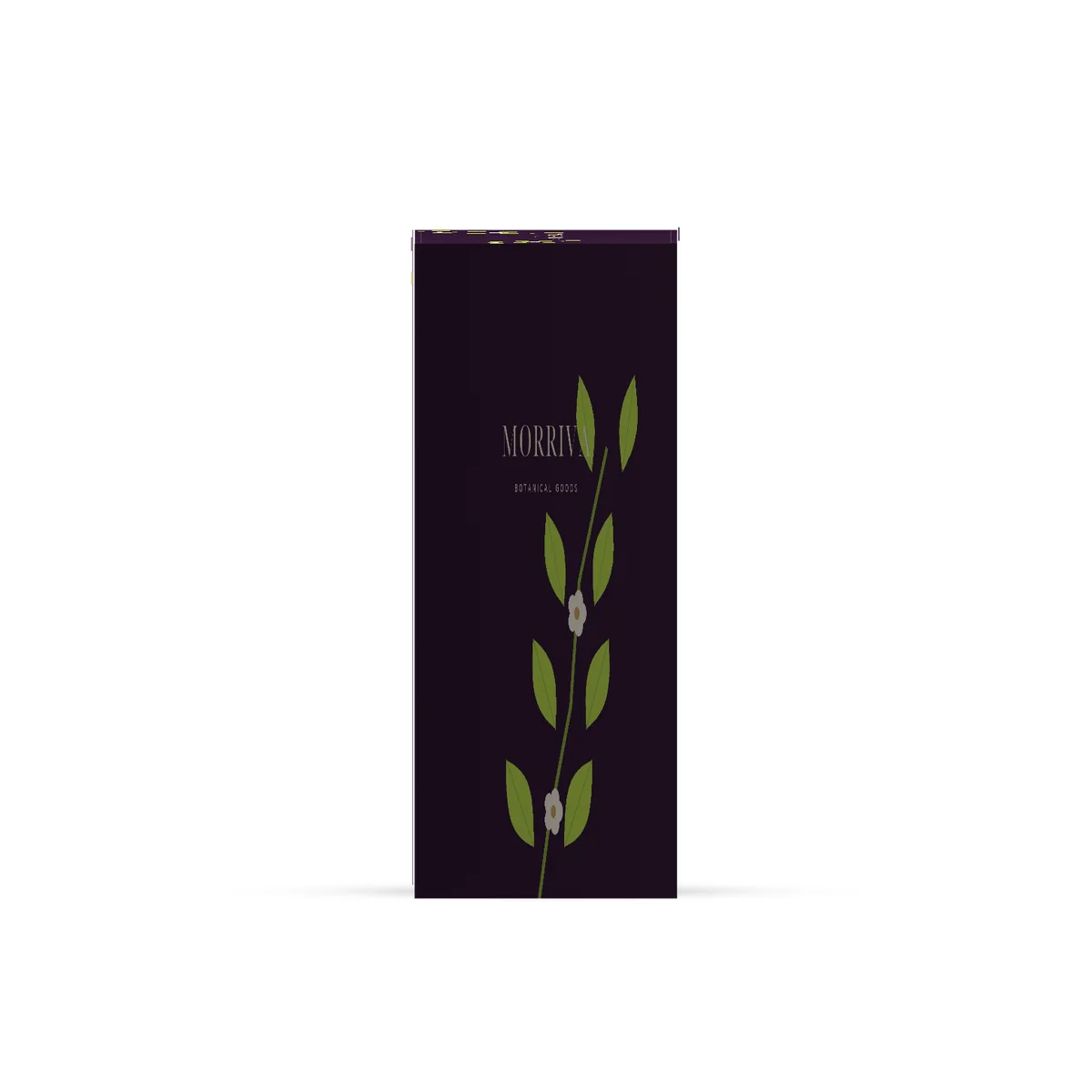 Side-profile view of a deep-plum MORRIVA tuck flap carton with vertical lime botanical artwork on a white background.