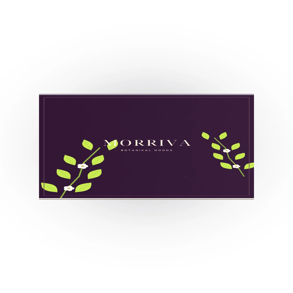 Overhead view of the deep-plum MORRIVA box top with cream brand lettering and bright lime-green leaf illustrations.