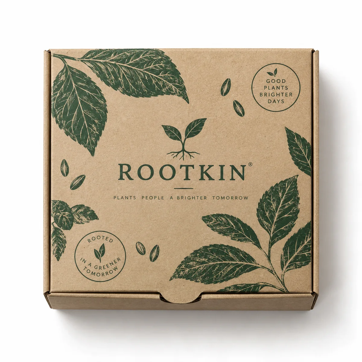 Top-down view of a ROOTKIN kraft tuck top gift box with forest green botanical leaf illustrations and stamped-style graphics.