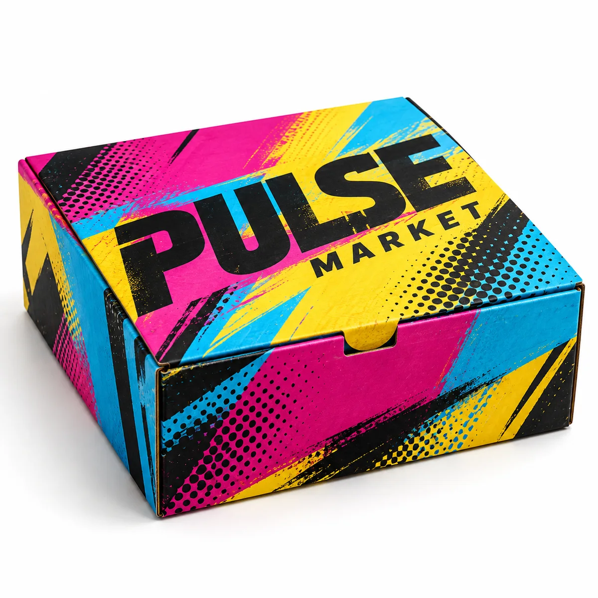 PULSE MARKET tuck top gift box with bold magenta, cyan, yellow, and black graphics, halftone dots, and oversized lettering.