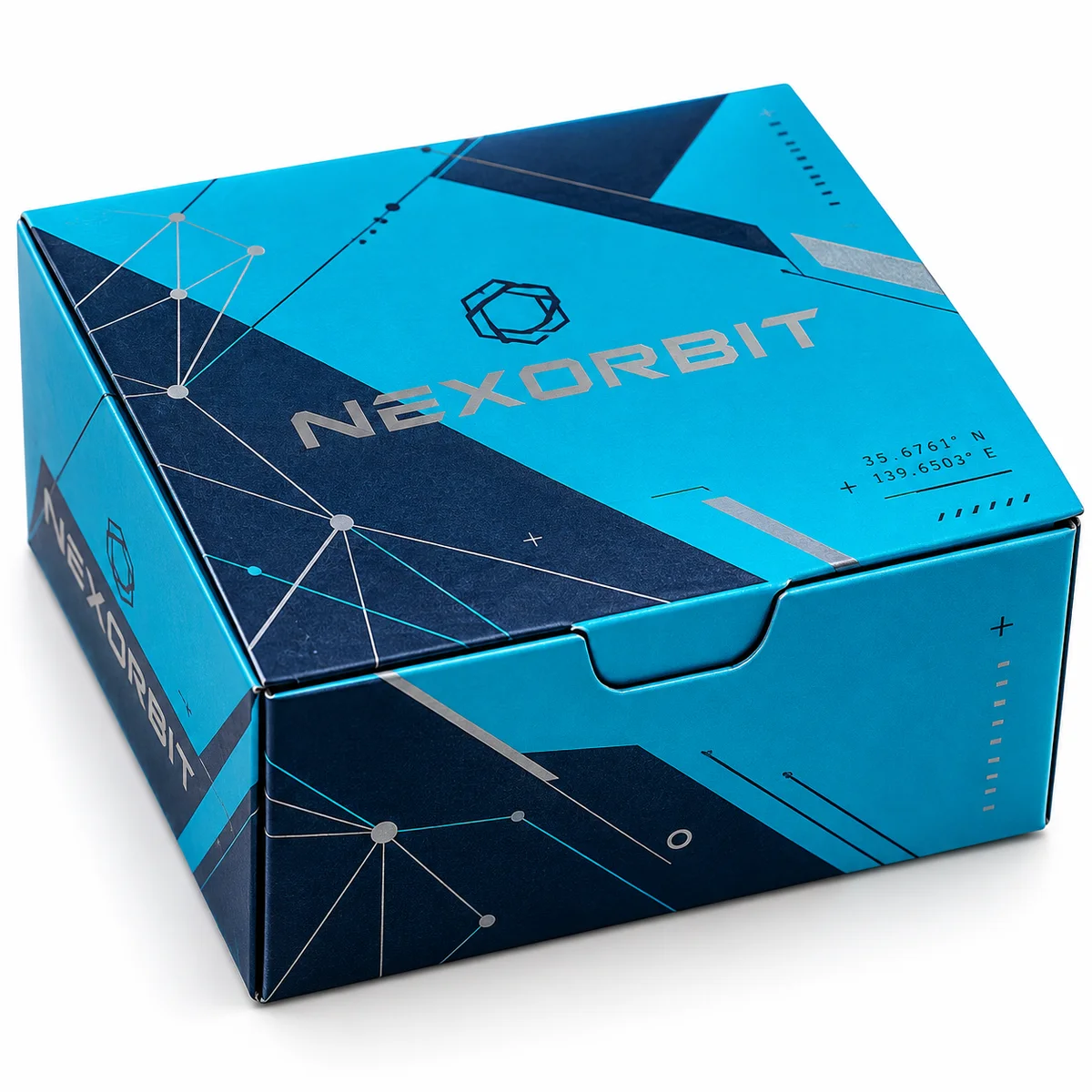 Cyan NEXORBIT tuck top gift box with dark navy geometric panels, silver lettering, network lines, and a front closure notch.