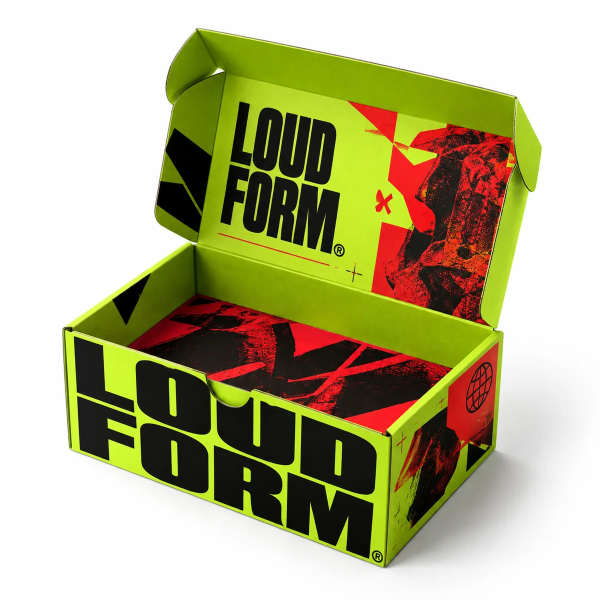 Open neon lime LOUD FORM tuck top gift box featuring oversized black lettering, red artwork, and printed interior panels.