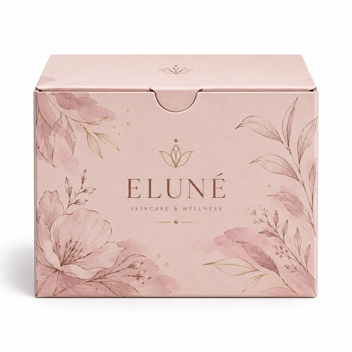 Front view of a blush pink ELUNÉ tuck top gift box with delicate botanical line drawings, floral artwork, and serif branding.