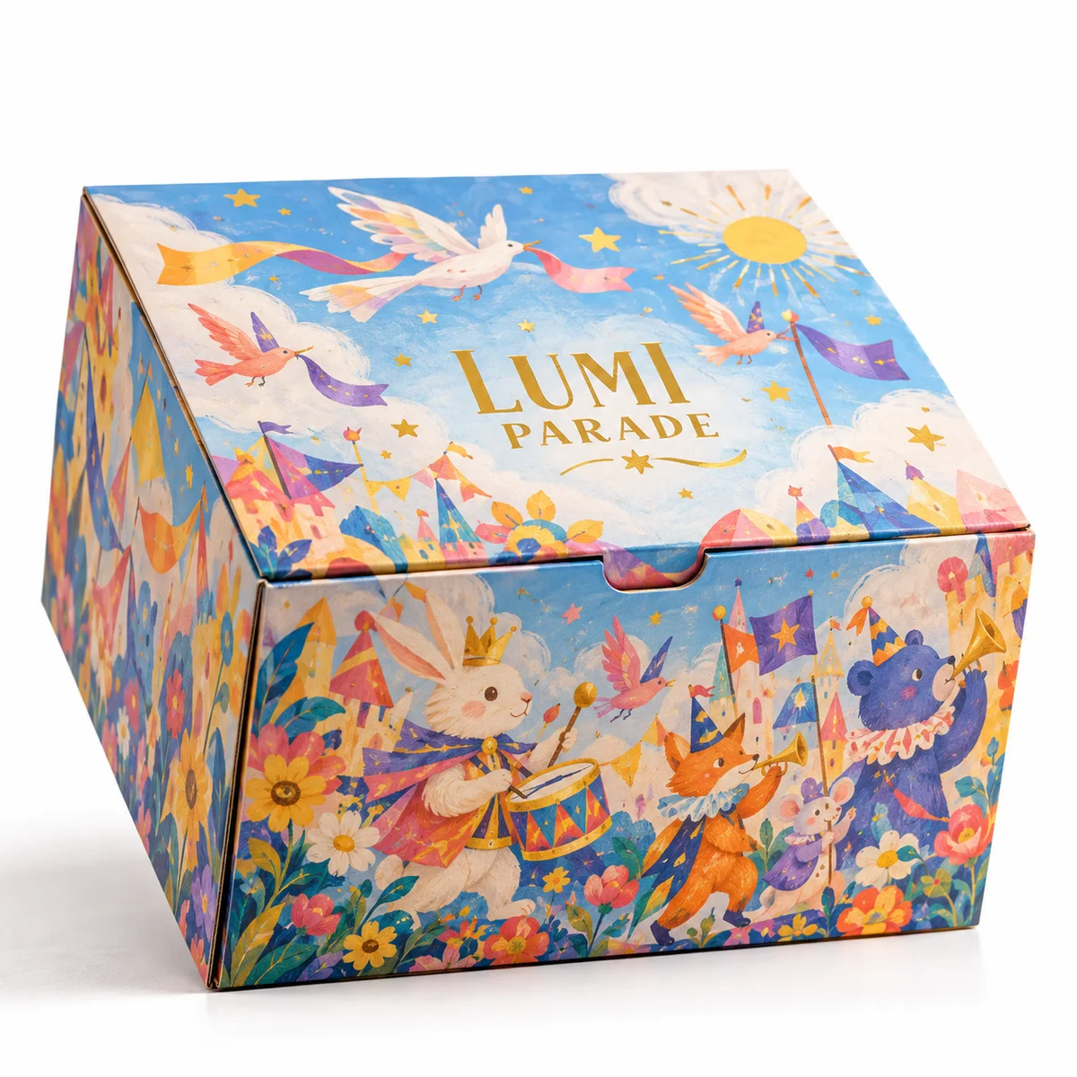 Colorful LUMI PARADE tuck top gift box with illustrated animals, birds, flowers, flags, and a whimsical celebration scene.