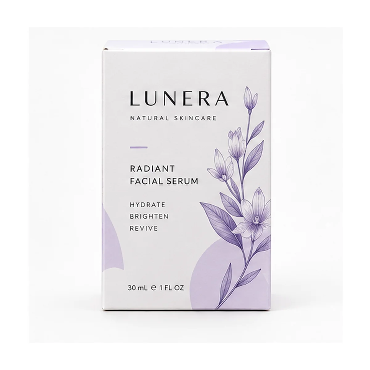 Straight-on front view of a white tuck top box with black LUNERA lettering, purple botanical artwork, and facial serum product details.