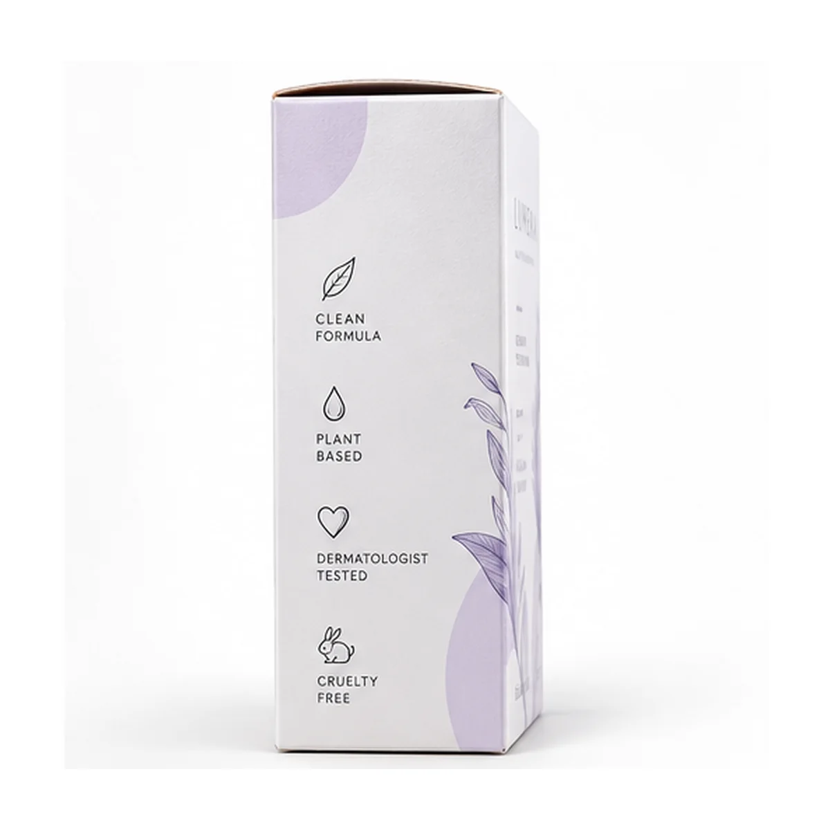 Side profile of a custom white tuck top box featuring skincare packaging icons, lavender floral graphics, and clean carton edges.