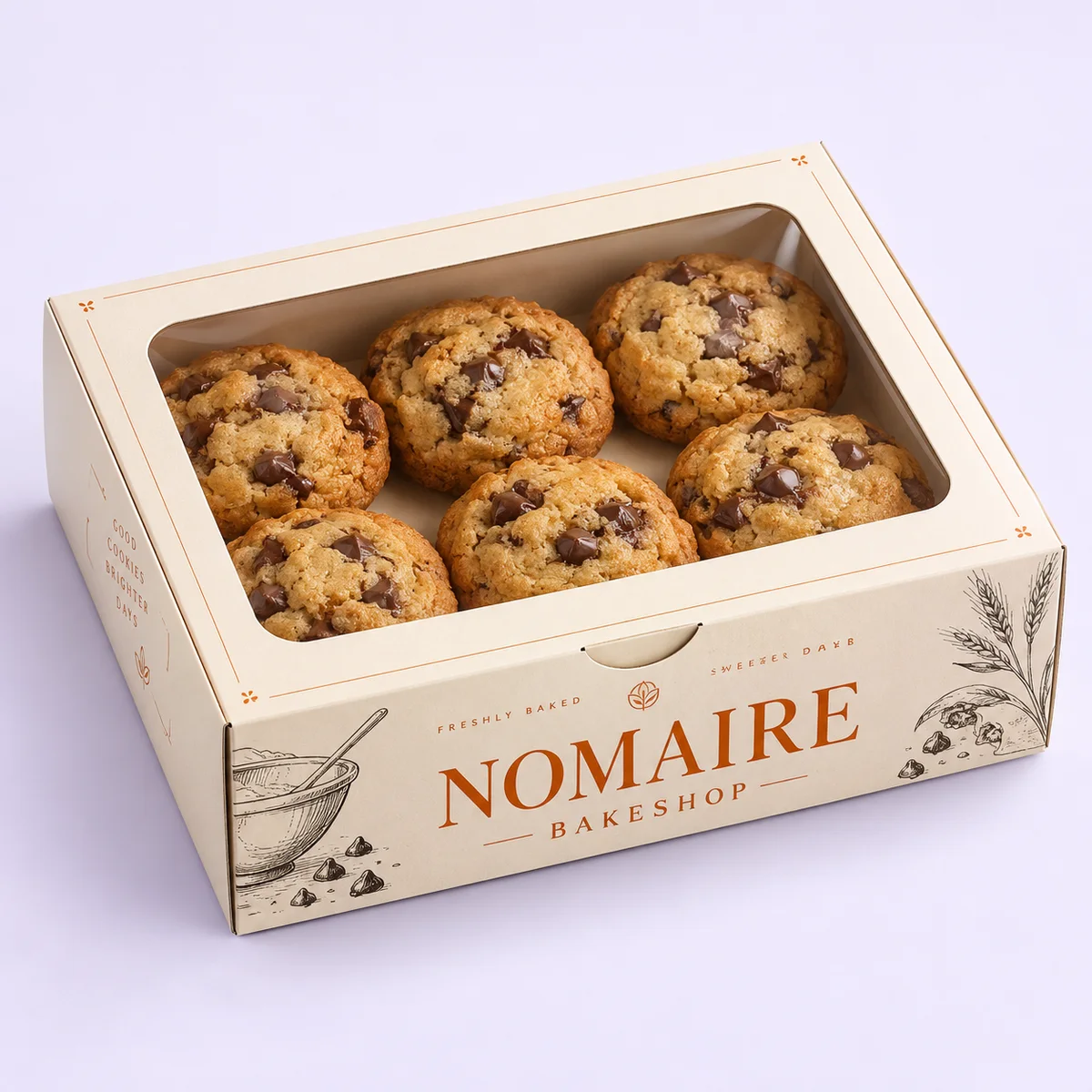 Cream window cookie box with six chocolate chip cookies visible through a clear lid and orange NOMAIRE BAKESHOP branding.