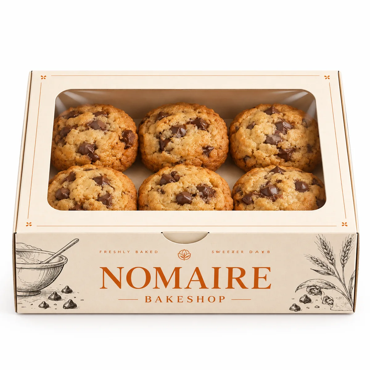 Front view of a custom window cookie box featuring orange NOMAIRE lettering and six cookies beneath the clear window.
