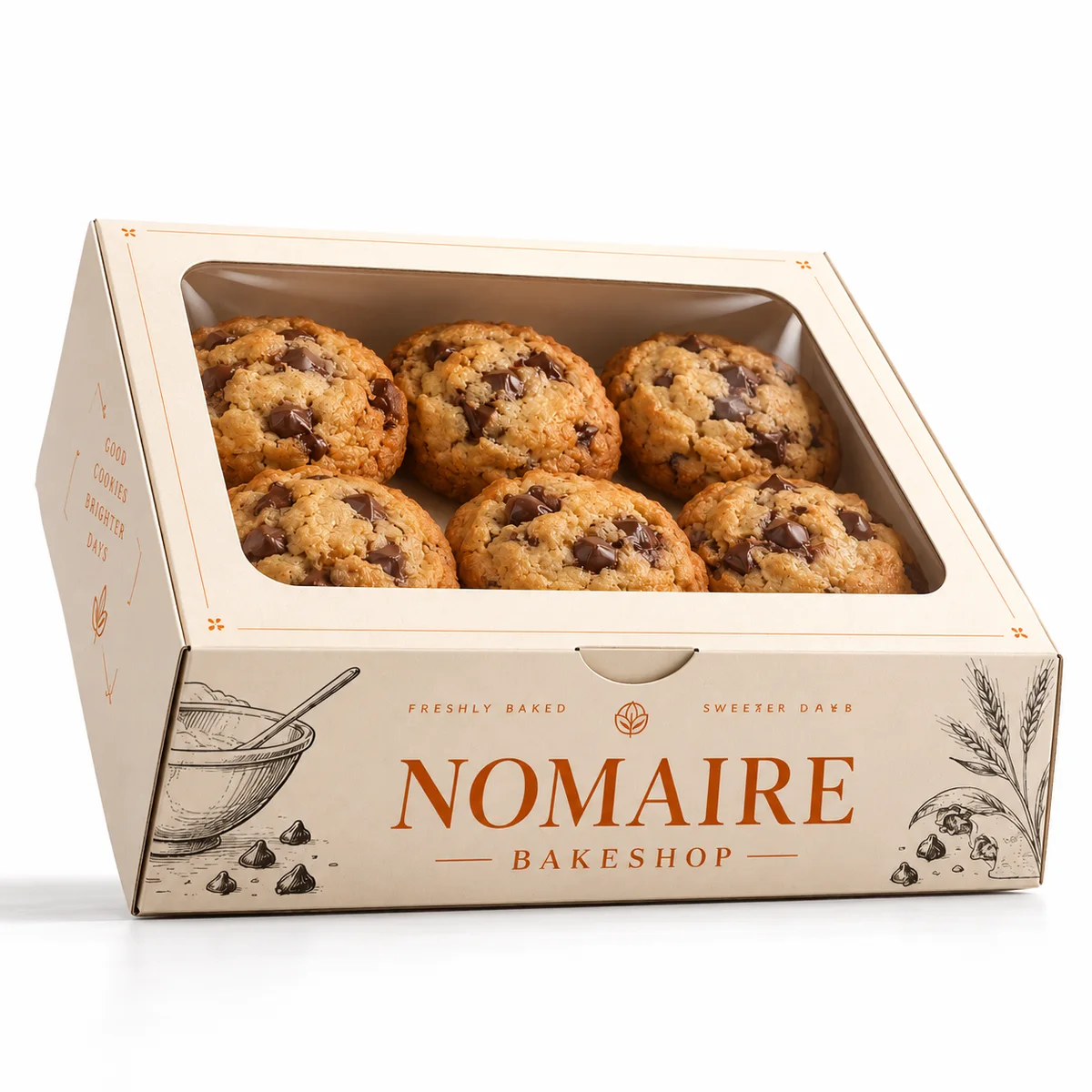 Cream window cookie packaging viewed from the front-left, with illustrated bakery branding and six cookies inside.