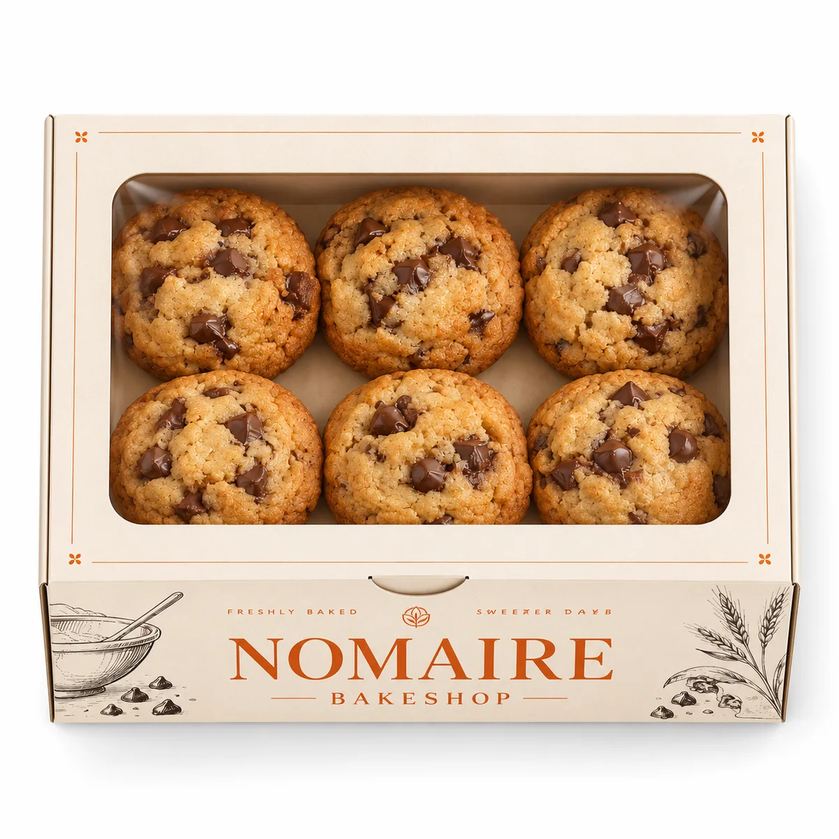 Cream custom cookie box with a large transparent window, six chocolate chip cookies and printed bakery branding.