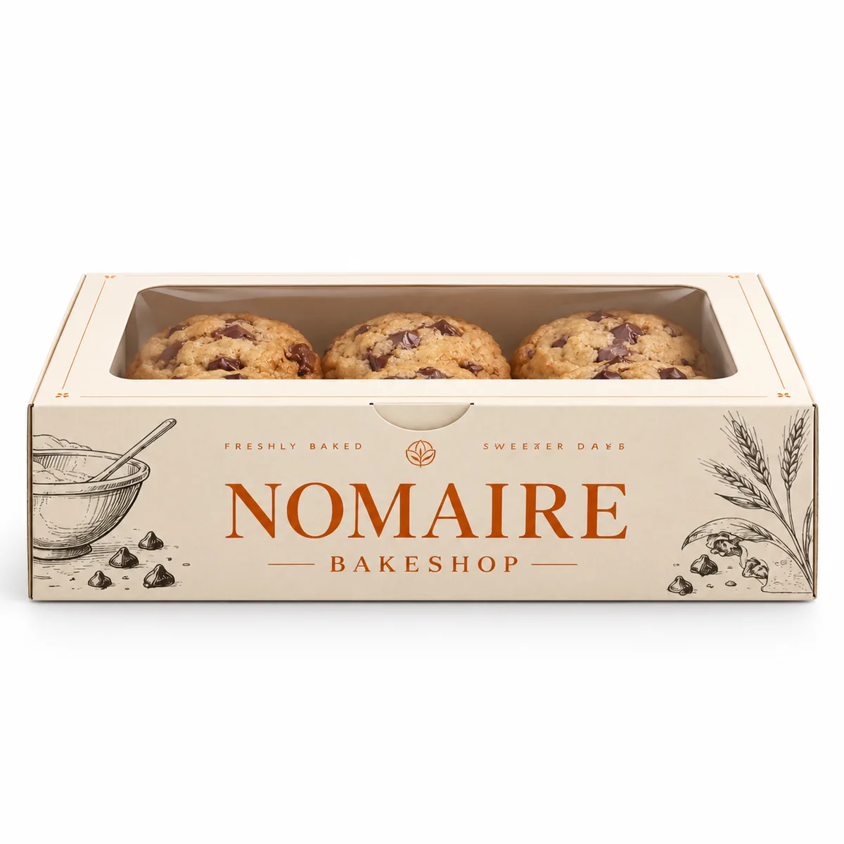 Side-facing view of an ivory cookie box showing the printed front panel, clear lid window and chocolate chip cookies.
