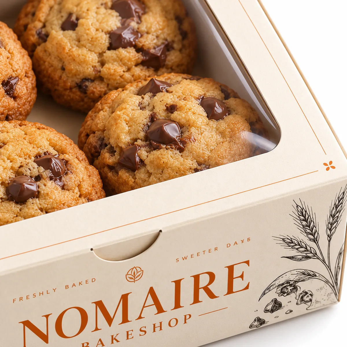 Close-up of the clear film window, chocolate chip cookies, ivory paperboard and fine orange printed border.