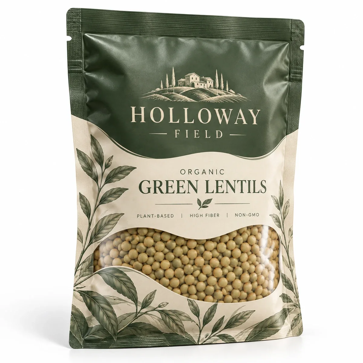 Forest-green and cream Holloway Field custom Mylar pouch with botanical artwork and a clear window showing green lentils.