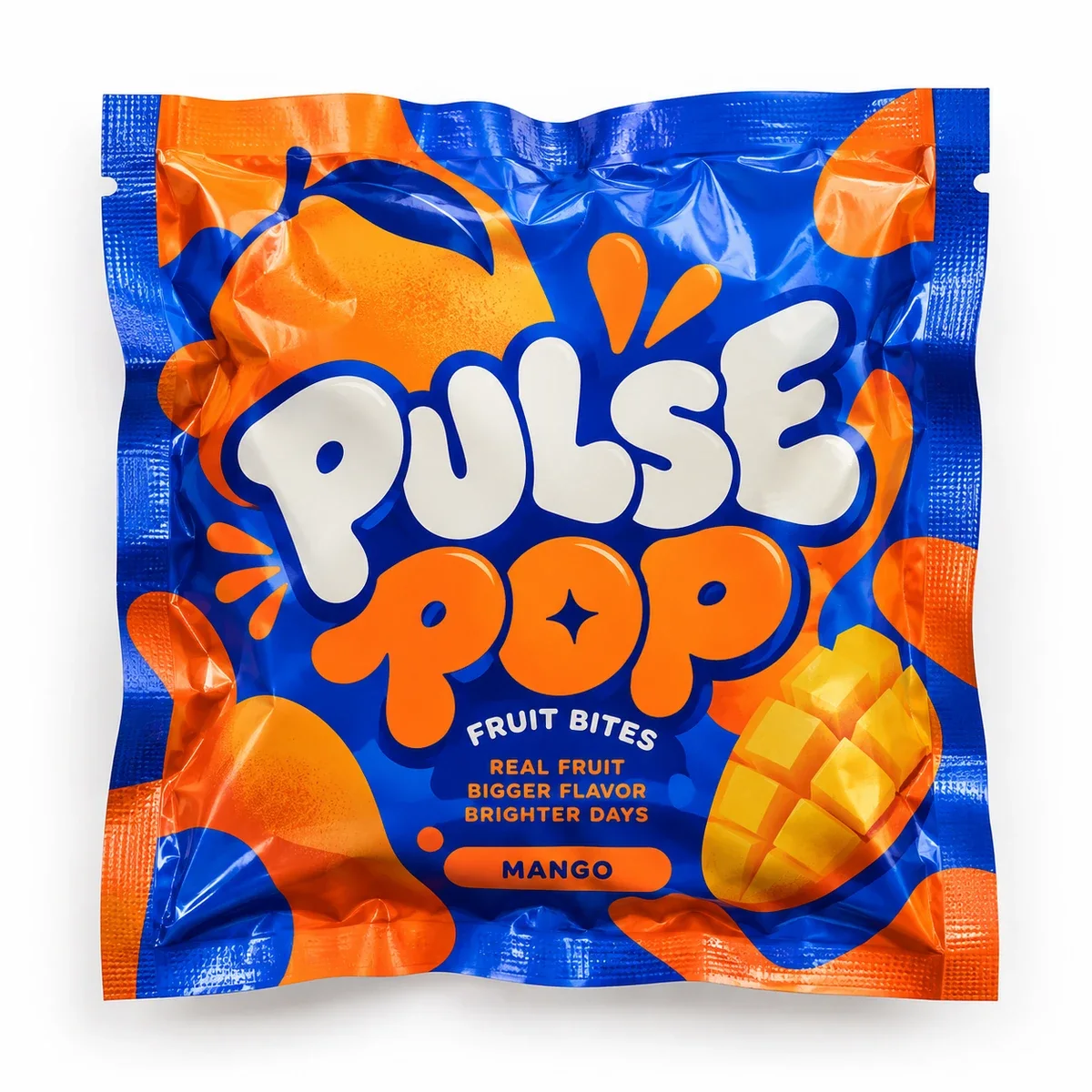 Electric blue and orange Pulse Pop custom Mylar snack pouch with oversized lettering and mango graphics, shown front-facing.