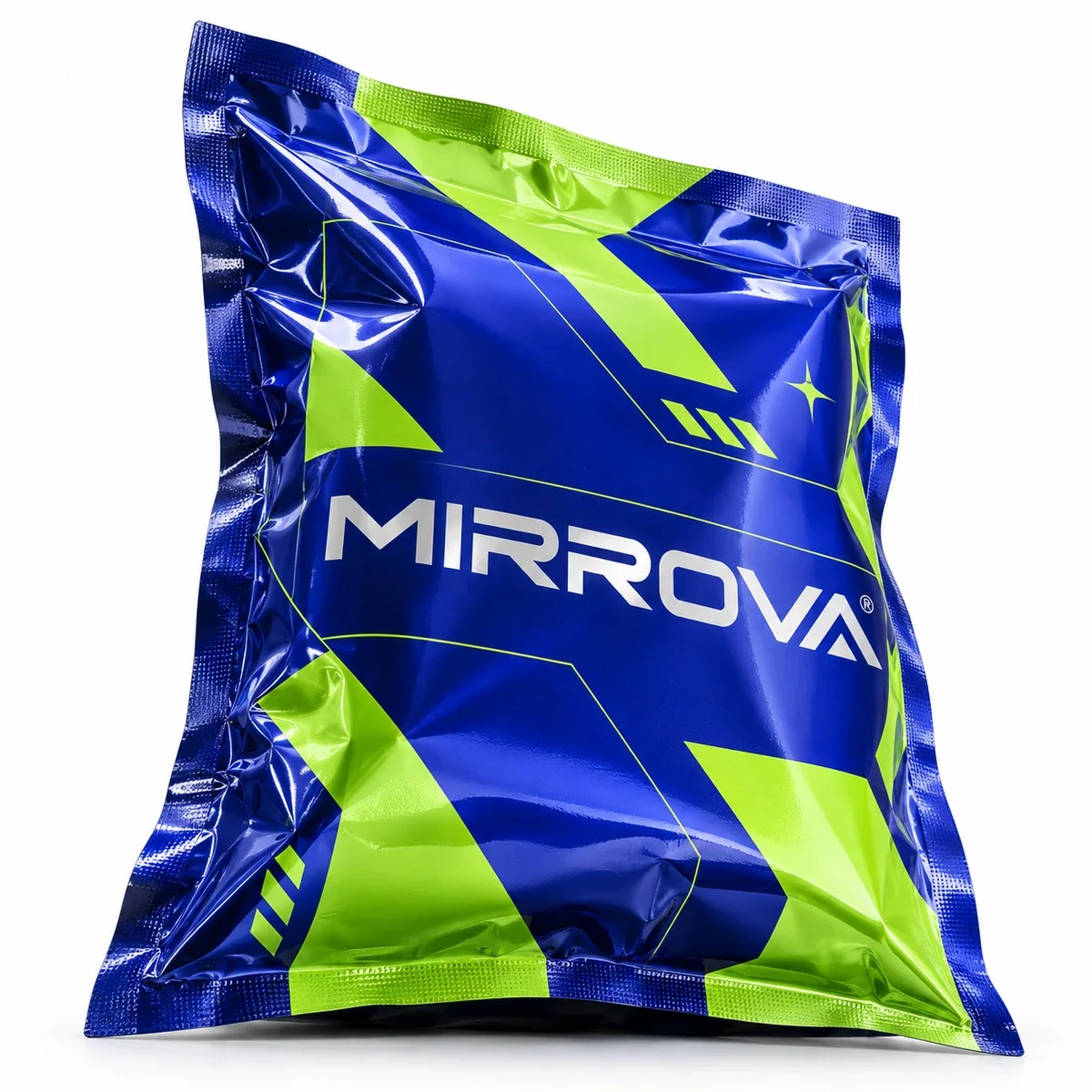 Low angled glossy cobalt blue Mirrova custom Mylar pouch with neon lime geometric graphics and visible sealed borders.