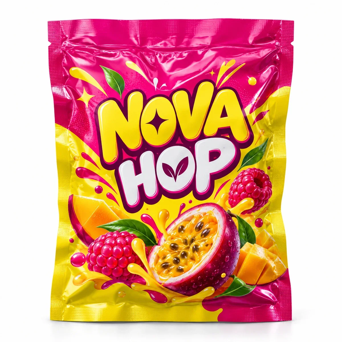 Hot-pink and yellow Nova Hop custom Mylar fruit pouch with large playful lettering and passion fruit artwork on white.