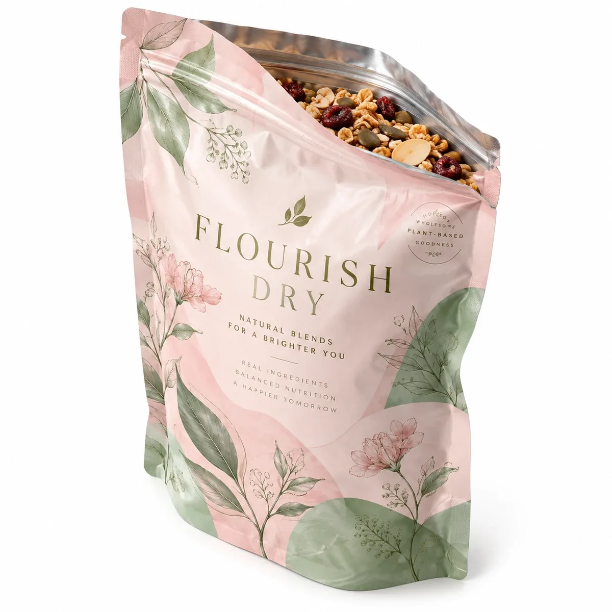 Pastel pink and sage Flourish Dry custom Mylar pouch with floral line art, open zipper, and granola visible inside.