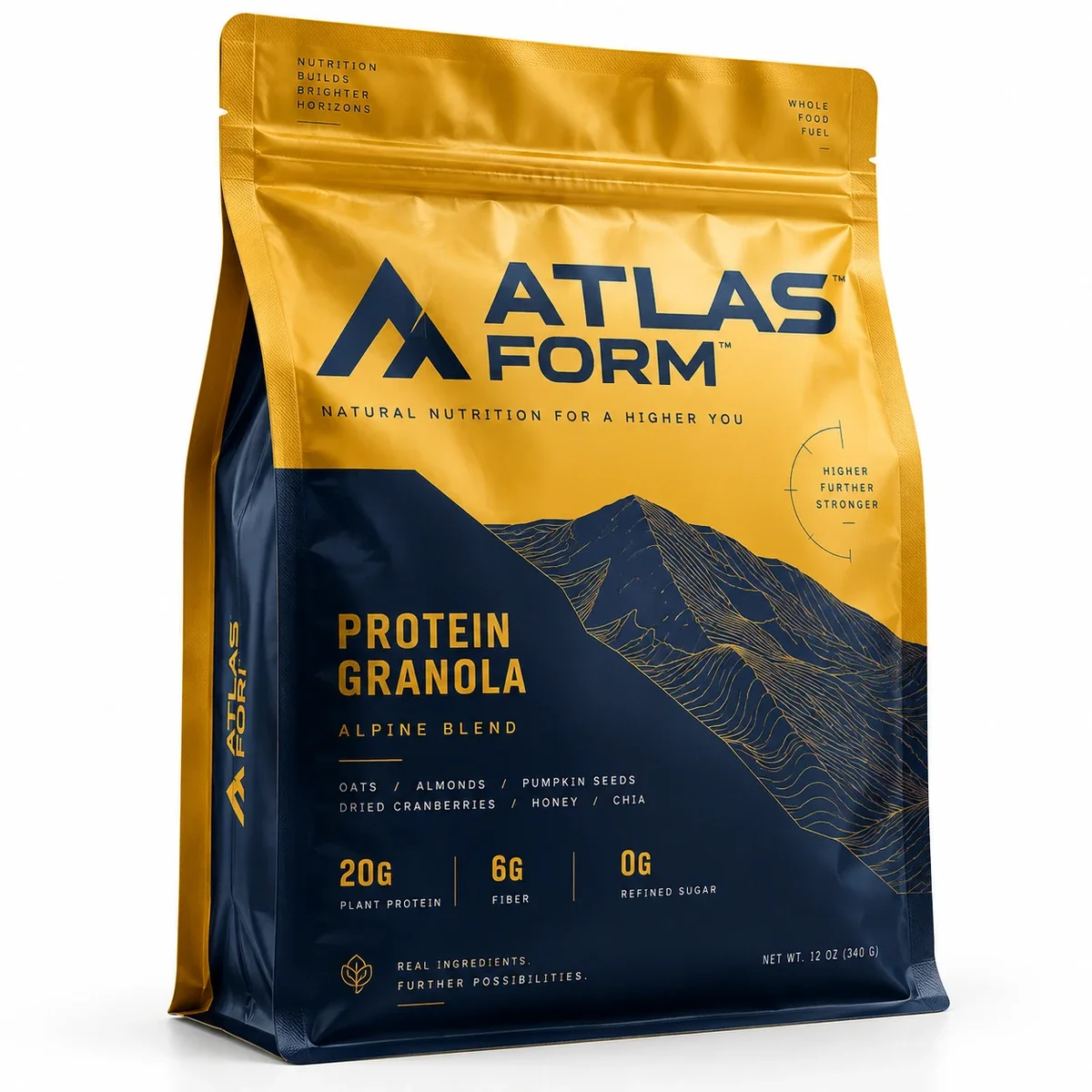 Saffron yellow and navy Atlas Form custom Mylar pouch with topographic print, zipper closure, and side gusset.