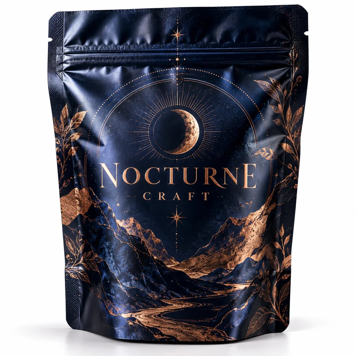 Indigo Nocturne Craft custom Mylar pouch with copper-toned moon and mountain artwork and a visible top zipper.