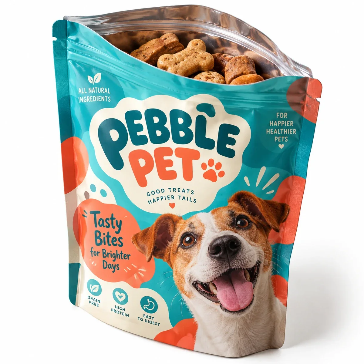 Turquoise and coral Pebble Pet custom Mylar treat pouch with dog artwork, open zipper, and bone-shaped treats visible.