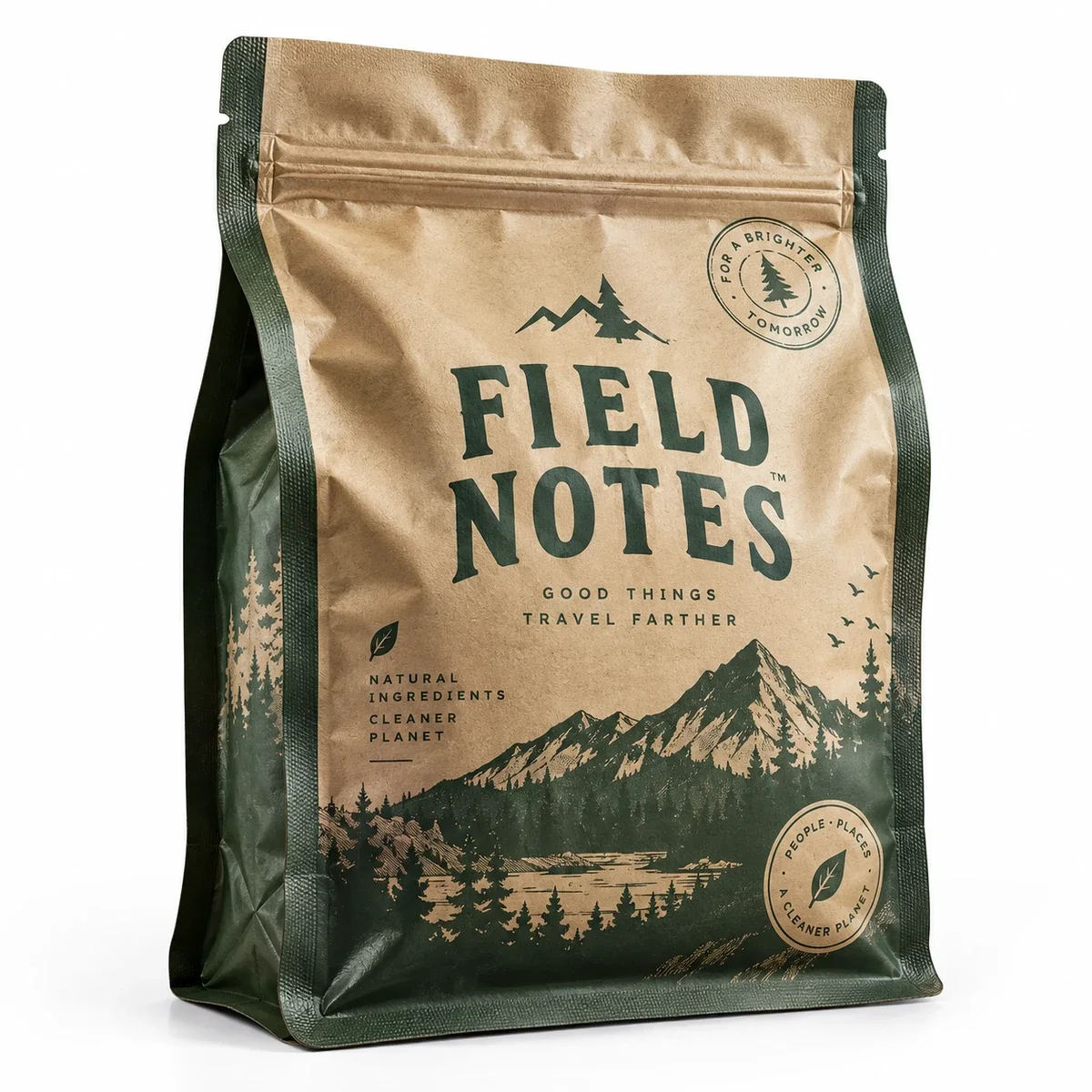 Kraft-look and forest-green Field Notes custom Mylar pouch with mountain artwork, top zipper and side gusset.