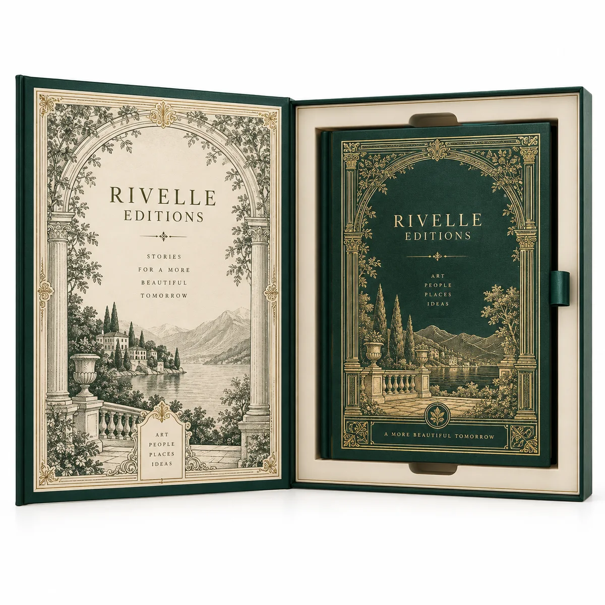 Open emerald-green Rivelle Editions book-style rigid box with antique-gold architectural engravings and a fitted collector's book.