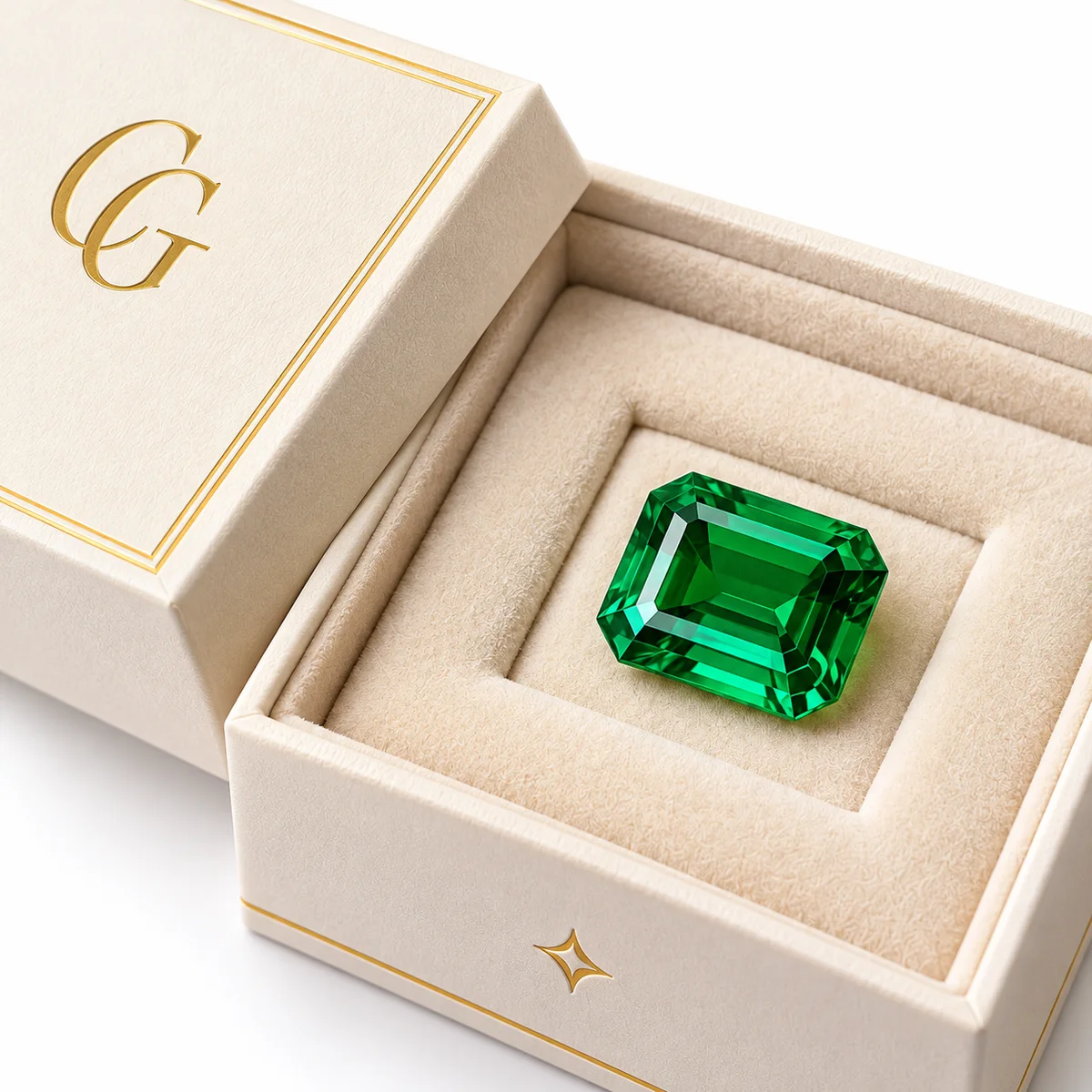Close-up of a green emerald-cut gemstone displayed in a plush cream velvet insert inside an ivory rigid box with gold foil accents.