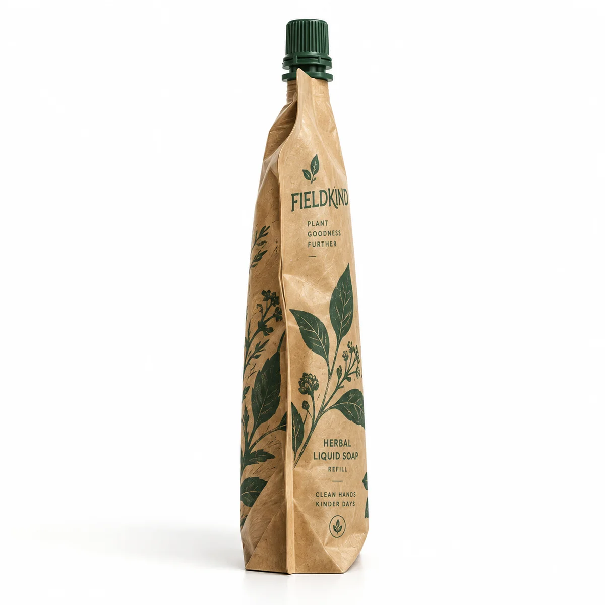 Side view of a kraft-look spout pouch with dark green cap, botanical leaf printing, and FIELDKIND herbal soap branding