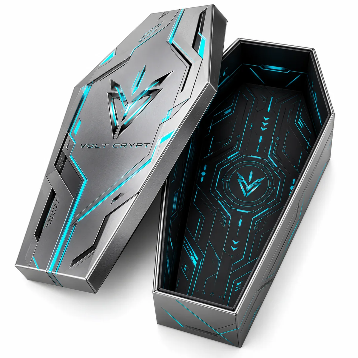Open silver-gray coffin gift box with electric cyan geometric detailing and a black futuristic patterned interior.