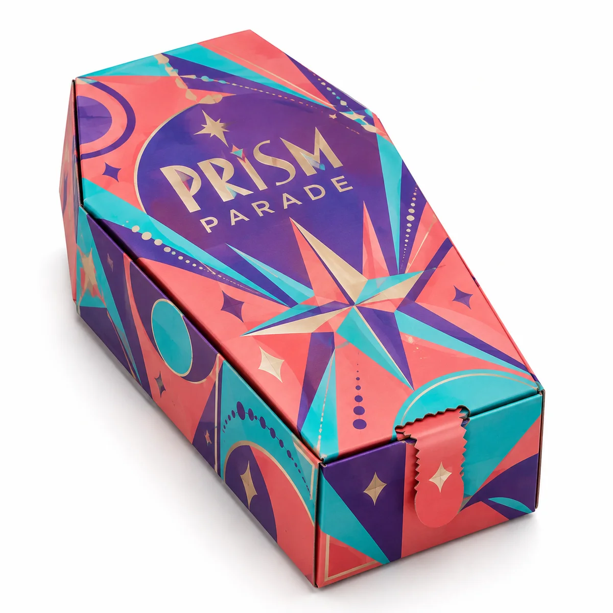 Coral, purple, and turquoise coffin gift box with bold geometric starbursts and a decorative front closure.