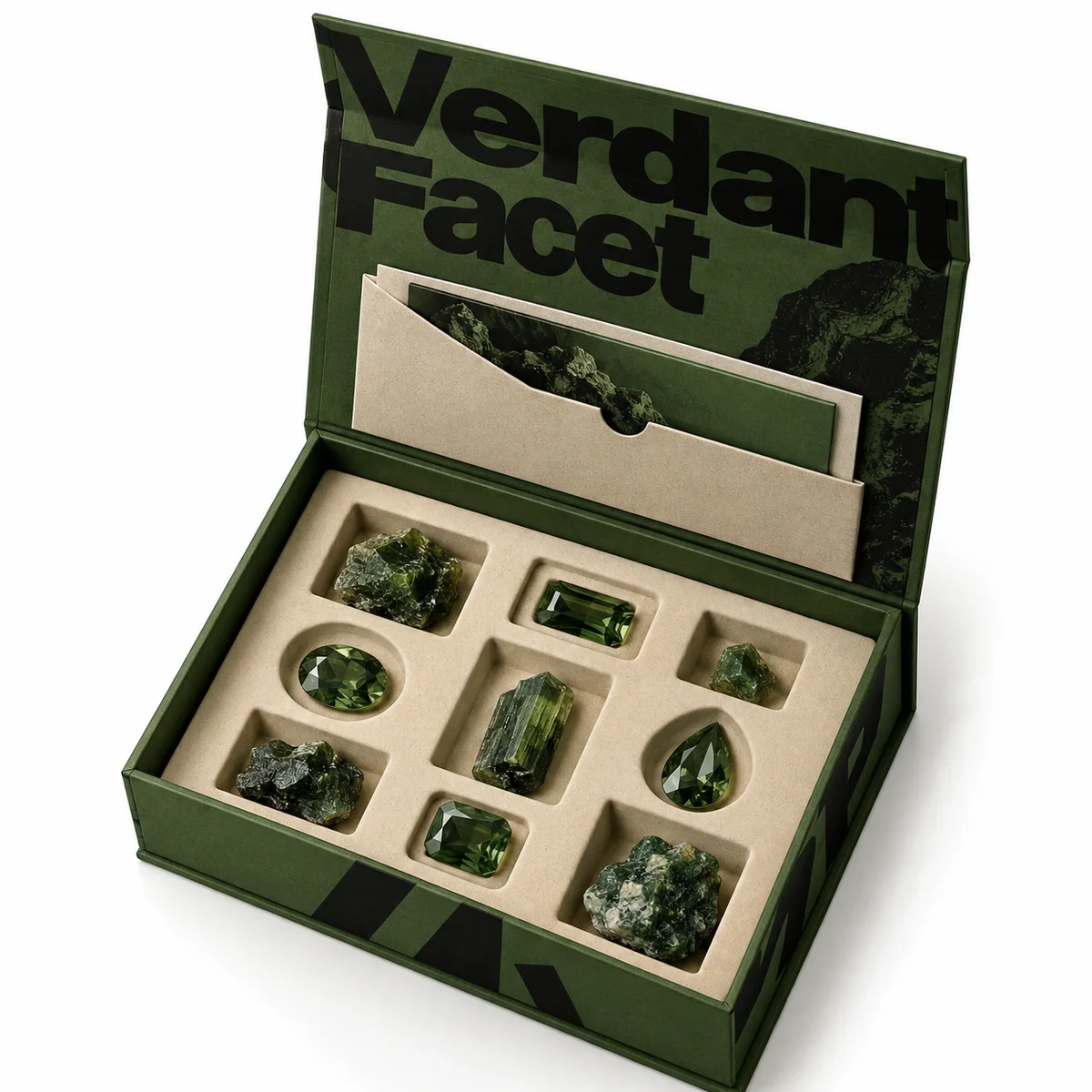 Forest green book-style rigid gemstone box with multiple shaped insert cavities for polished and rough green gemstones.