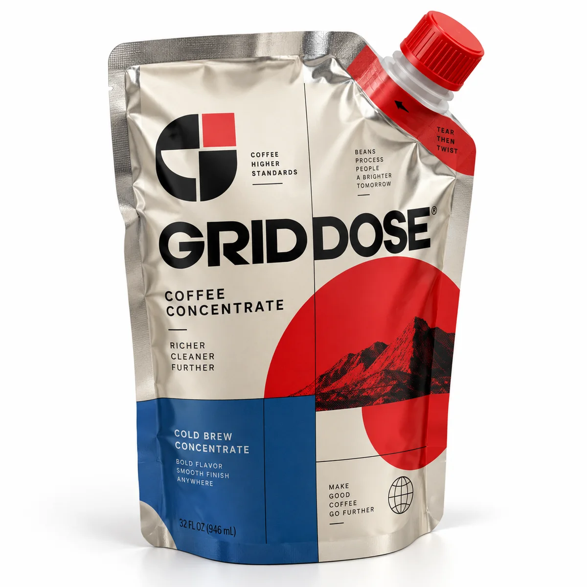 Metallic coffee concentrate spout pouch with red screw cap, black grid typography, and bold GRIDDOSE branding