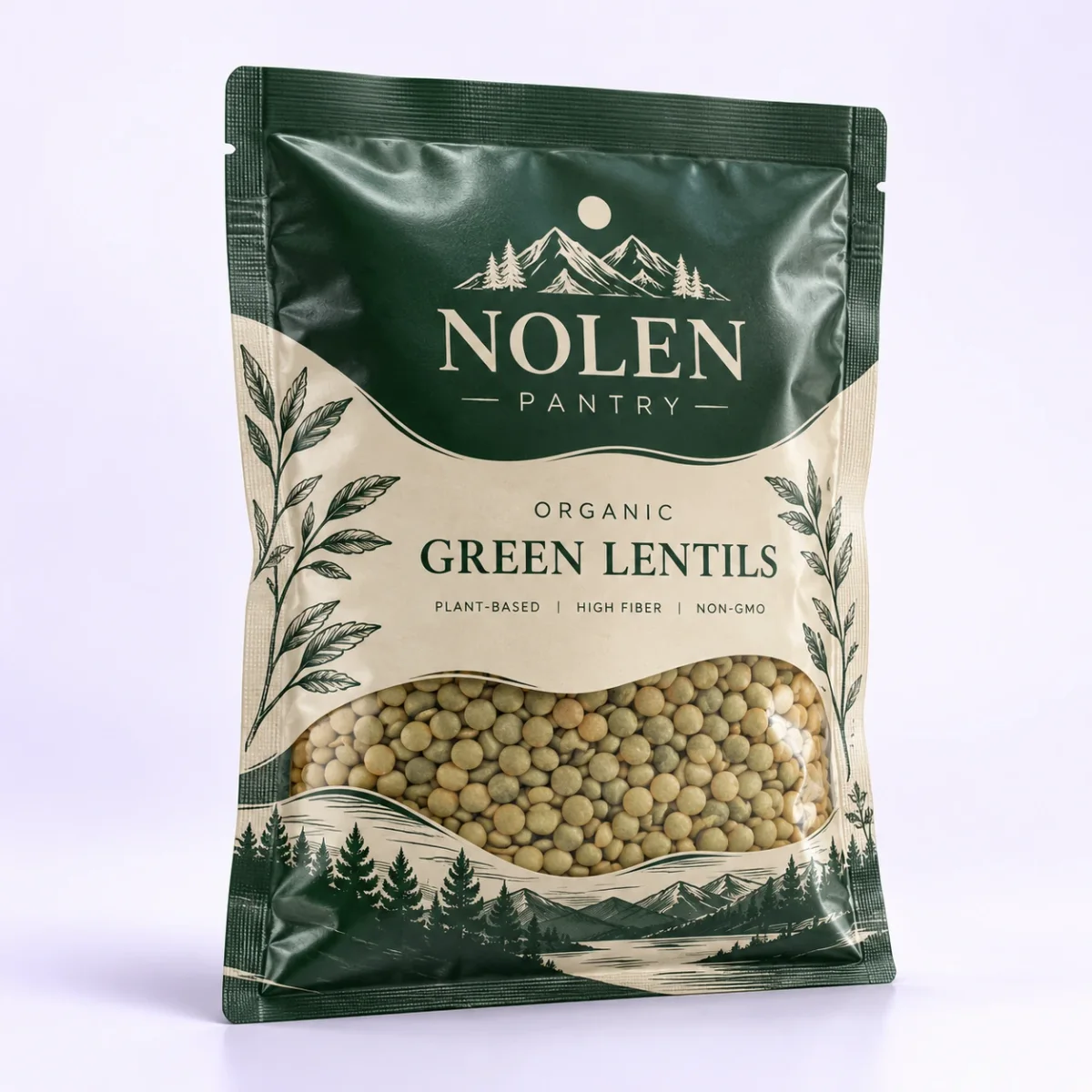 Nolen Pantry custom vacuum sealed mylar bag for organic green lentils shown in elevated hero view on a soft lilac background.