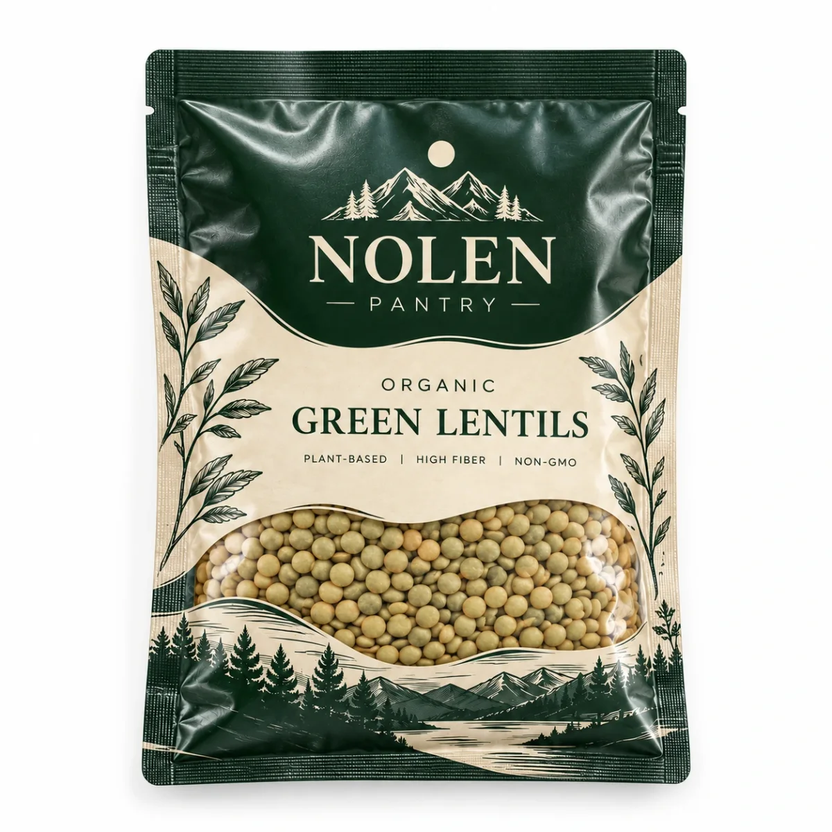 Front view of a Nolen Pantry custom vacuum sealed mylar bag for organic green lentils on a clean white background.