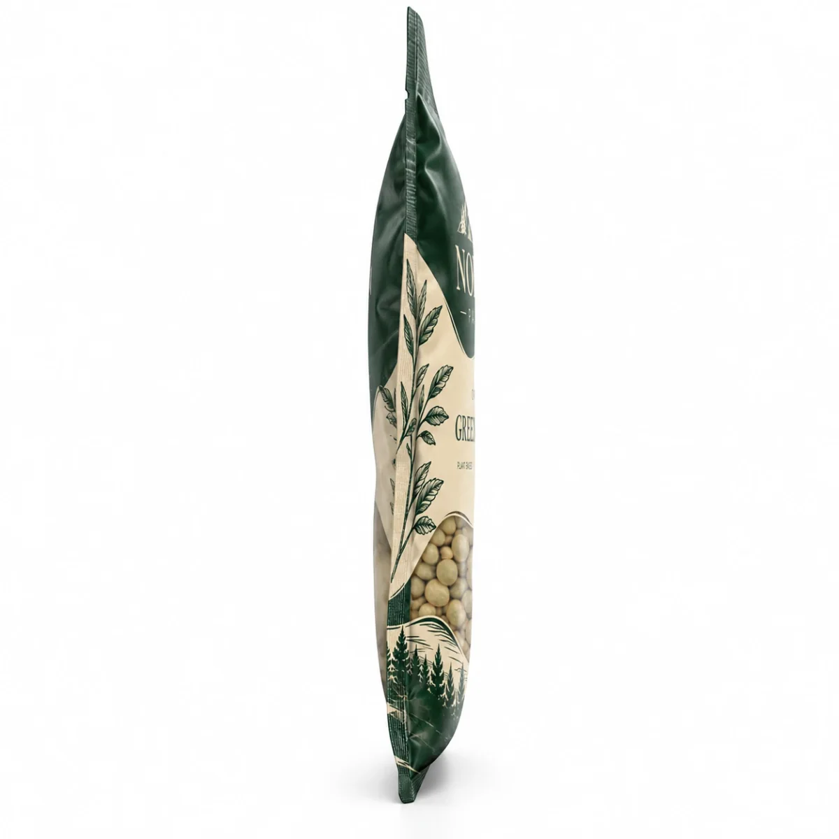 Side profile of a Nolen Pantry custom vacuum sealed mylar bag showing the slim vacuum packed structure and sealed edges.