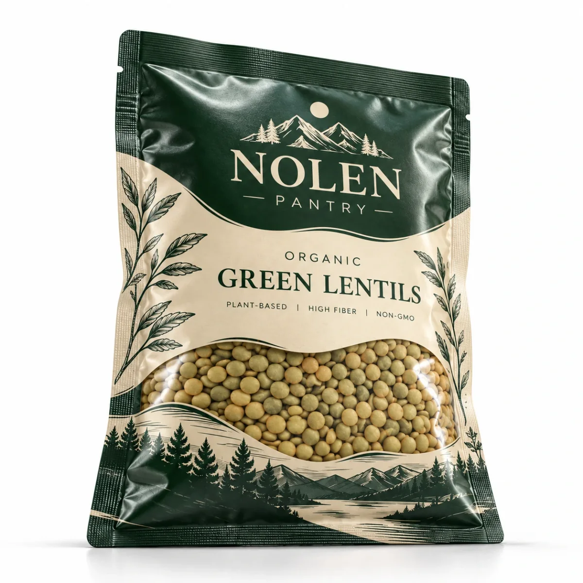 Angled front view of a Nolen Pantry custom vacuum sealed mylar bag for organic green lentils on a white background.