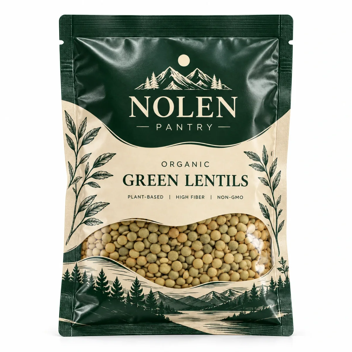 Straight-on product shot of a Nolen Pantry custom vacuum sealed mylar bag for organic green lentils.