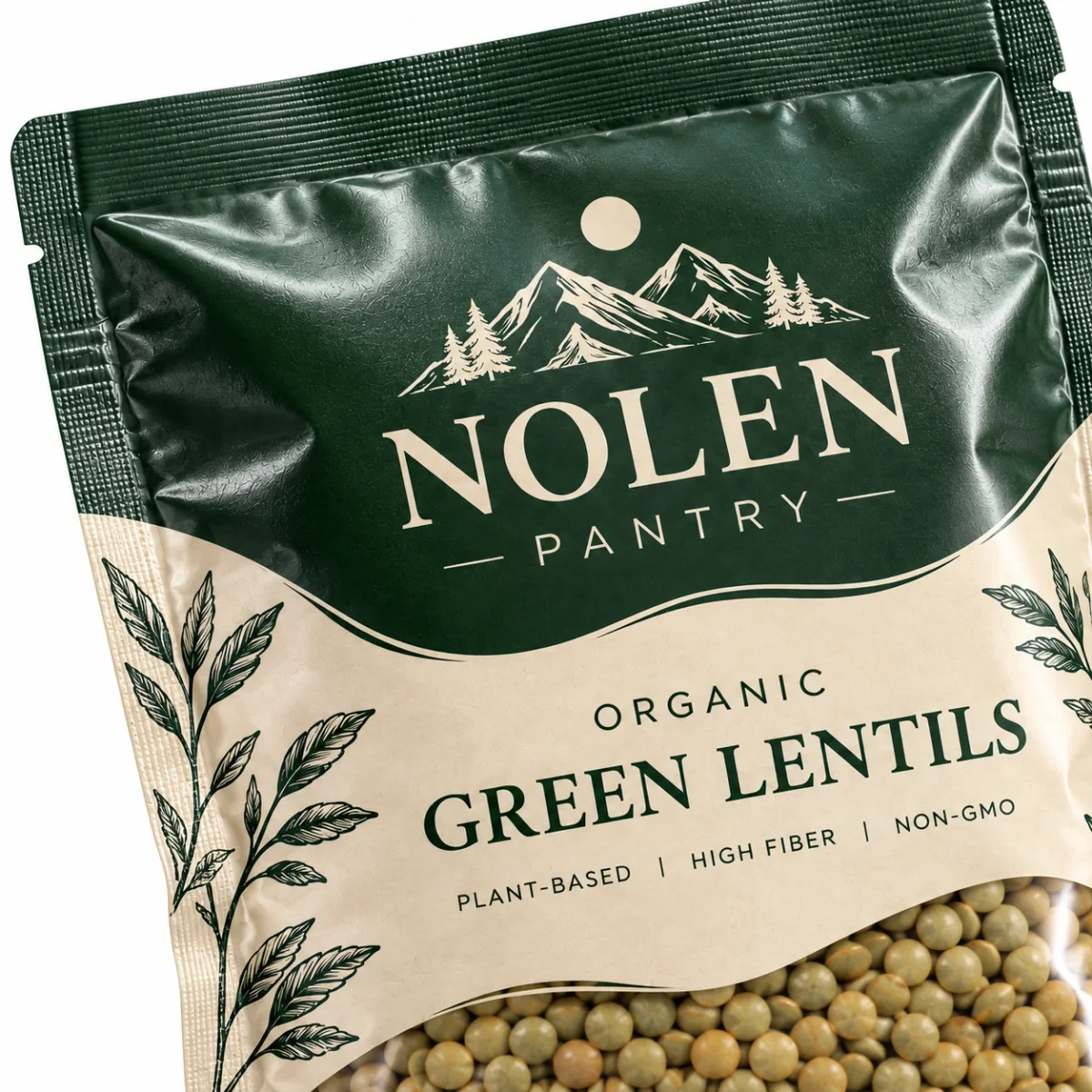 Close-up detail of the Nolen Pantry custom vacuum sealed mylar bag showing print, texture, and seal area.