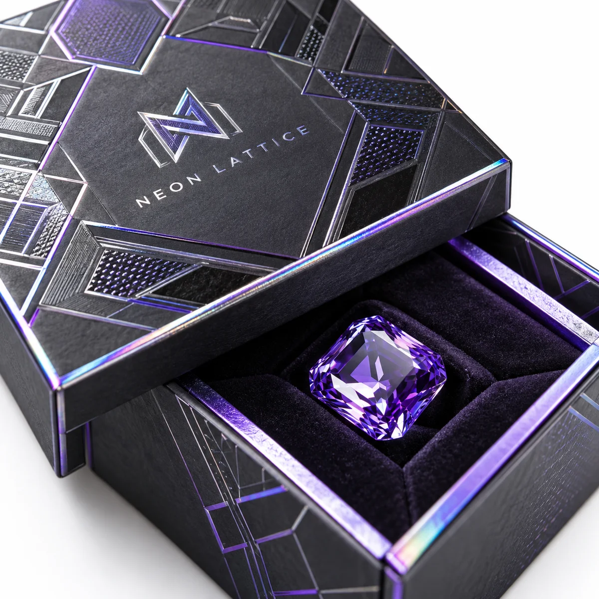 Graphite gemstone packaging with geometric holographic detailing and a purple faceted stone in a dark velvet insert.