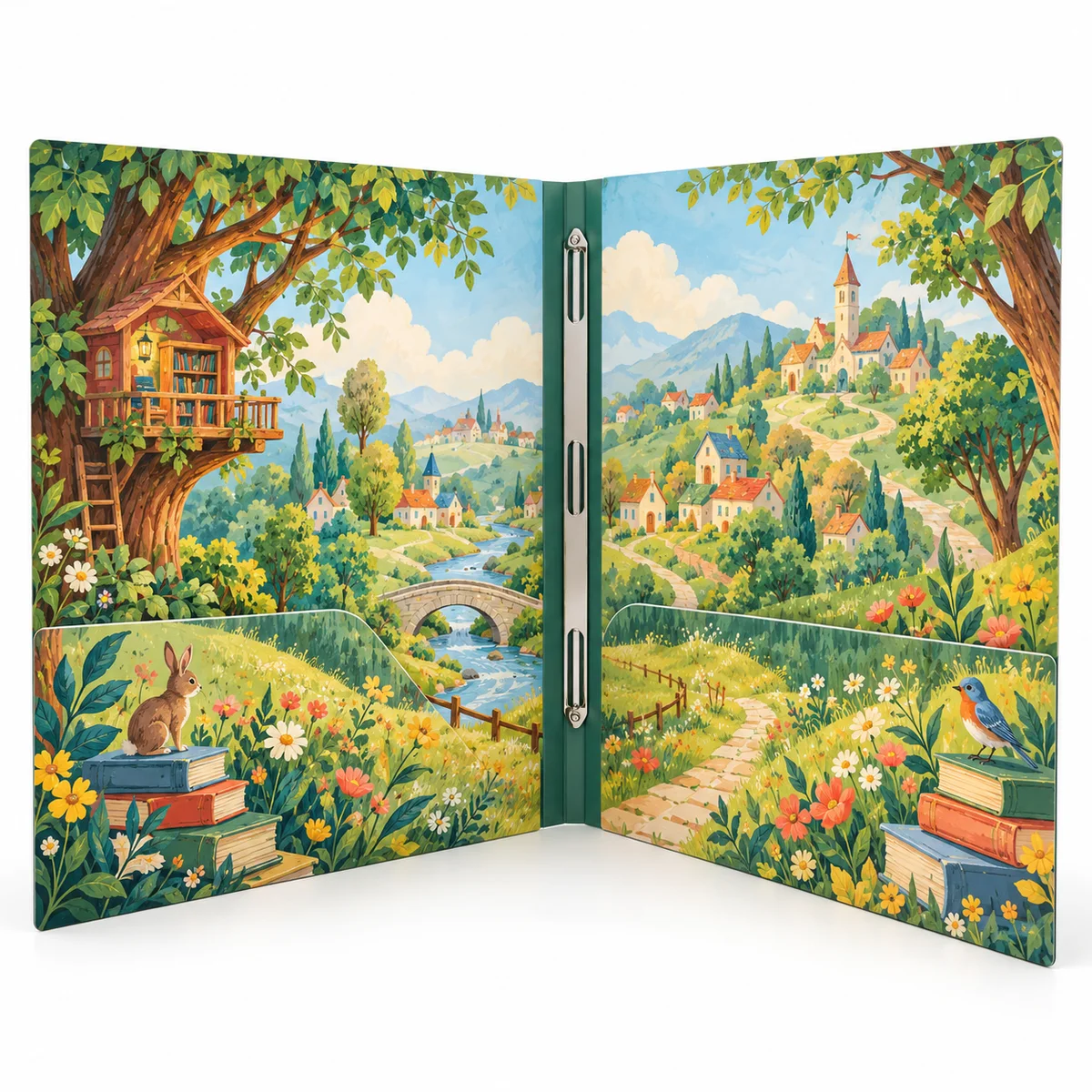 Open 3 prong pocket folder featuring a colorful storybook village, trees, flowers, and illustrated artwork across two pockets.