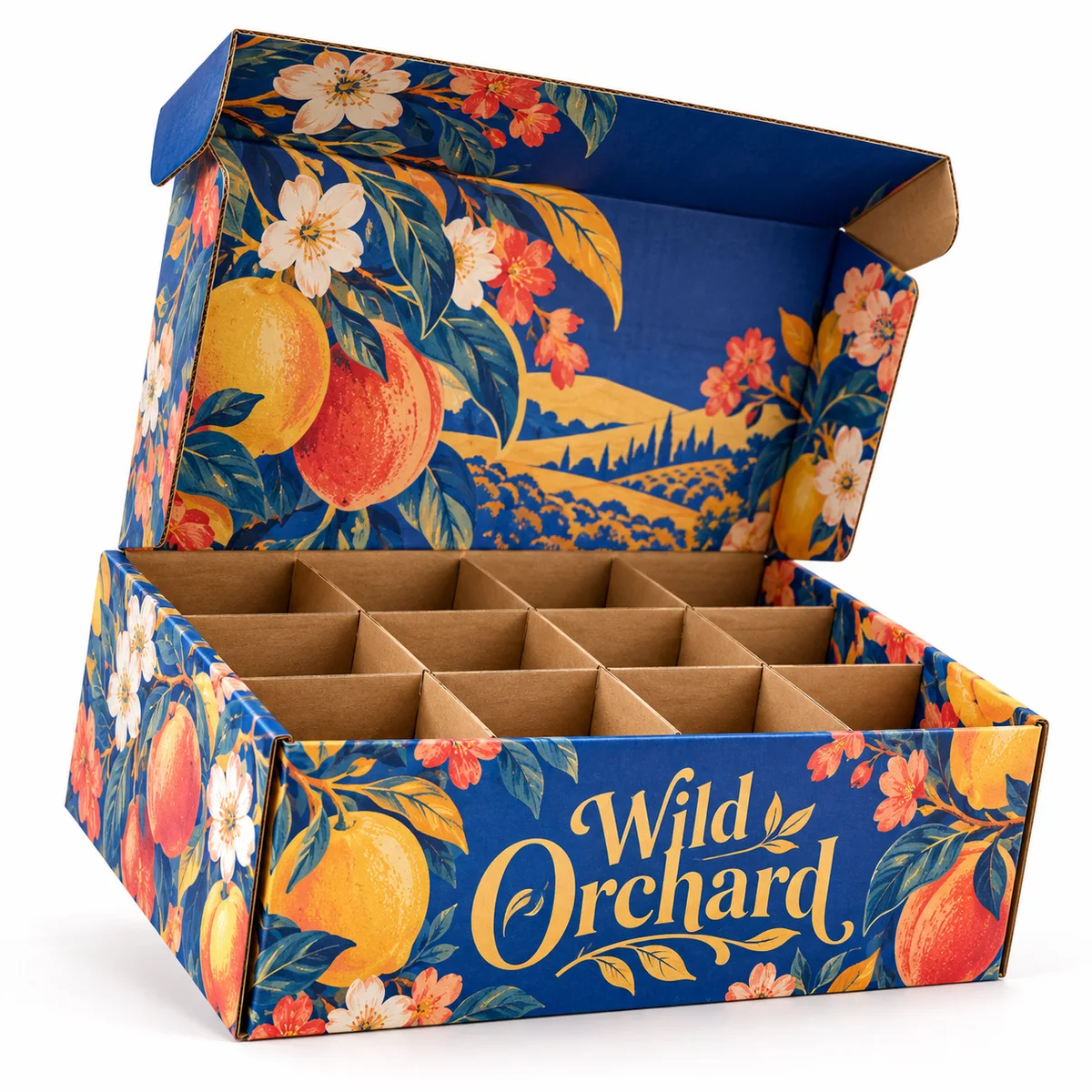 Open cardboard box with dividers, featuring Wild Orchard branding, colorful fruit illustrations, and a blue printed lid.